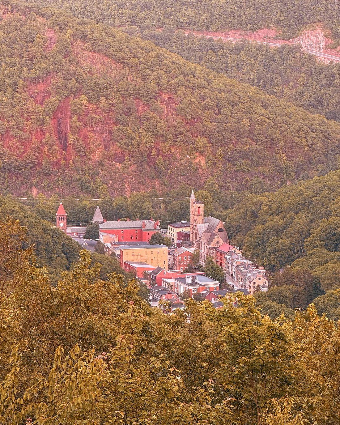 Jim Thorpe, Pennsylvania seen from the Switchback Railroad Trail surrounded by autumn foliage