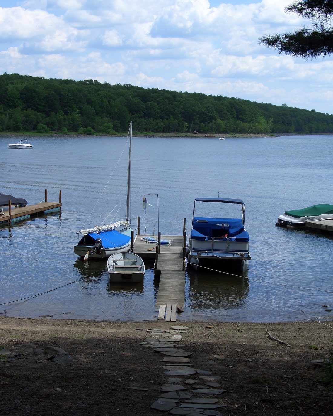 Boats and a sailboat tied up at a wooden dock on Lake Wallenpaupack, Pennsylvania on a summer day
